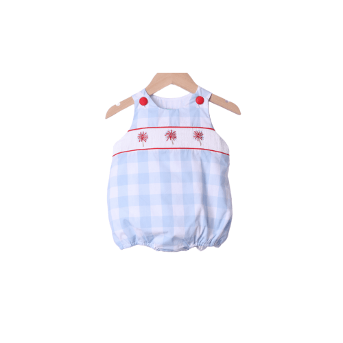 Smocked Sparkler Blue Gingham Bubble