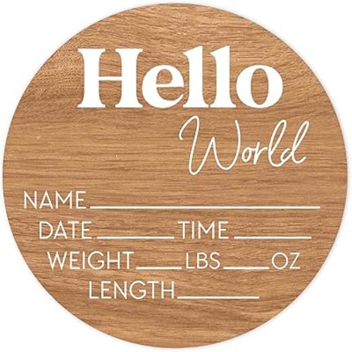 Hello World Newborn Sign - Baby Name Birth Announcement Plaque for Hospital - Photo Prop - Rustic Wood Nursery Decor - Shower Gift