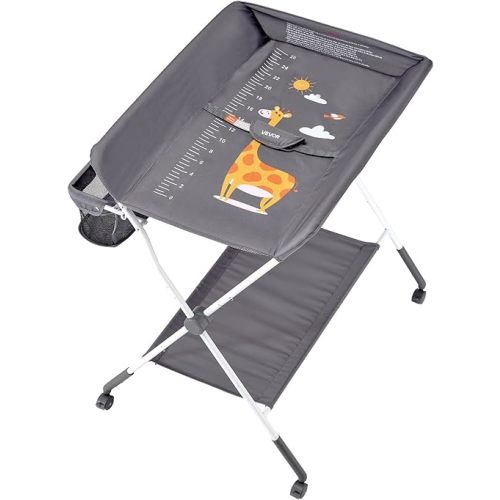 VEVOR Baby Changing Table, Foldable Diaper Change Station with Side Basket, Adjustable Height Changing Table with Lockable Wheels, Multi-Functional Nursery Storage Organizer, Dark Gray