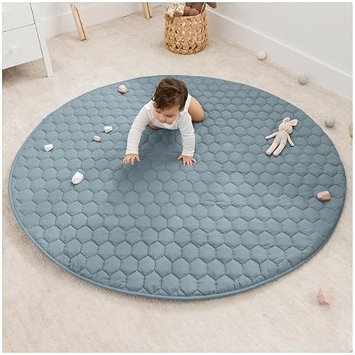 Comfy Cubs Round Kids Play Mat - Large 60 inches Soft Quilted Baby Floor Mat with Non-Slip Bottom - Plush Design for Toddlers' Playtime - Comfortable and Durable - Pacific Blue