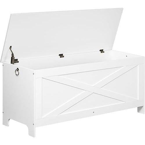 43.3" Toy Chest, Sturdy Entryway Storage Chest with Safety Hinges, Retro Toy Box, Wooden Look Accent Furniture for Living Room, Bedroom, White SCWT48501