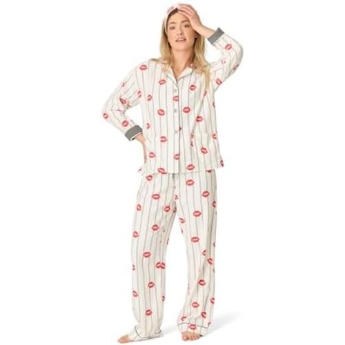 PJ Salvage Women's Cotton Flannel Long-sleeve Top, Pant and Headband 3-piece Pajama Set