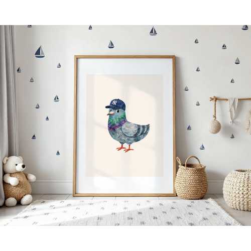 Pigeon with NY Cap Illustration | Playful Bird Nursery Art Print
