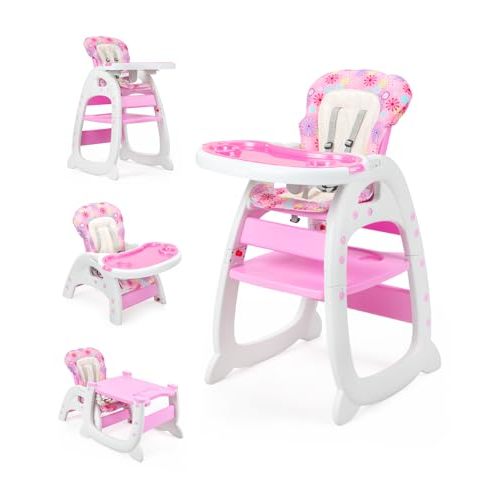 High Chair, Convertible Highchairs for Babies and Toddlers, Easy Clean Baby High Chair, 3 in 1 Feeding Chair for Eating, Adjustable Infant Chair for Toddlers 1-3, Baby Food Chair, Pink