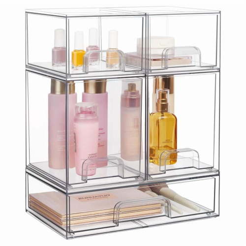 Stackable Storage Drawers Set of 5/8 Clear Plastic Organizer Bins for Nursery Bottle Station and Beauty Supplies Vanity Bathroom Cabinet Pantry Organization