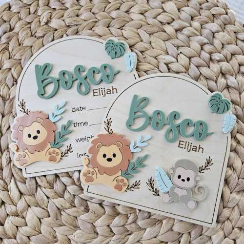 Lion Baby Name Sign | Jungle Themed Newborn Birth Announcement Name Plaque | Arch Baby Arrival Hospital Sign | Newborn Footprint Plaque
