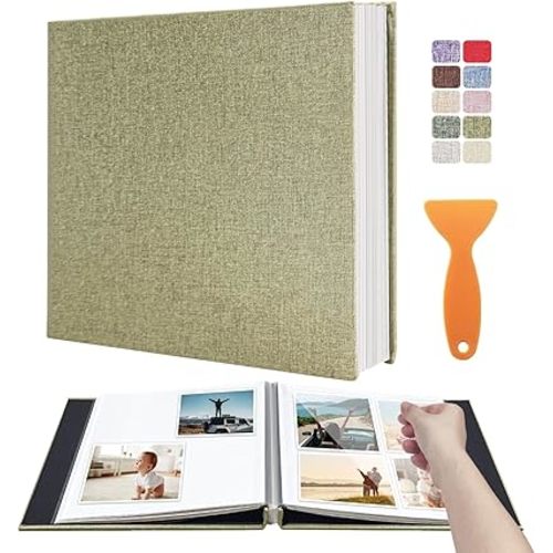 Large Photo Album Scrapbook – Holds 4x6, 8x10 Pictures – Self-Adhesive Pages for Baby, Wedding, Travel & Family Memories | Includes Metallic Pen & Scraper/Light Matcha Large DIY Memory Book for Gifts