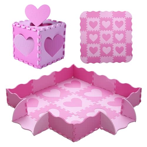Tamiplay Foam Play Mat for Kids, 25pcs Square Interlocking Puzzle Floor Mat, Baby Toddler Playmat with Fence - Pink Heart
