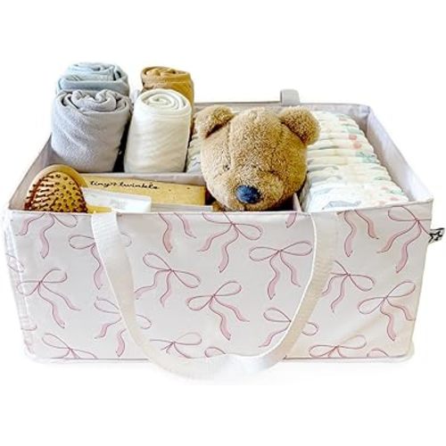 Tiny Twinkle Diaper Caddy Organizer – Foldable Baby Storage Basket with Removable Divider | Waterproof & Mess-Proof Fabric, Portable Nursery Organizer for Newborn Essentials(Bows)