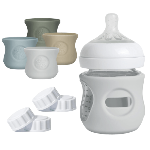 Joxodak 4 Pack Silicone Sleeves for Philips Avent Natural Glass Baby Bottles, Food Grade Silicone Cover and 4pcs Travel Caps, Lids Replacement (Dark Blue+Dark Green+Grey+Beige, 4oz)