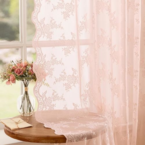 Pink Lace Curtains 84 Inch Long Sheer Pink Curtain for Girls Room