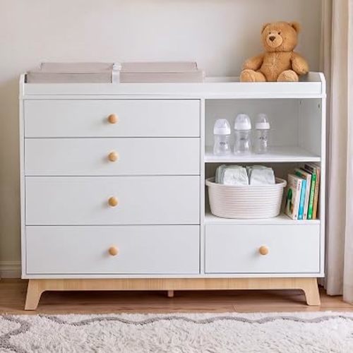 White Changing Table Dresser, Baby Dresser with Removable Changing Topper