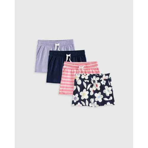 100% Organic Cotton Slub Field Short 4-Pack - Baby Girl in Geo Daisy/Pink Stripe