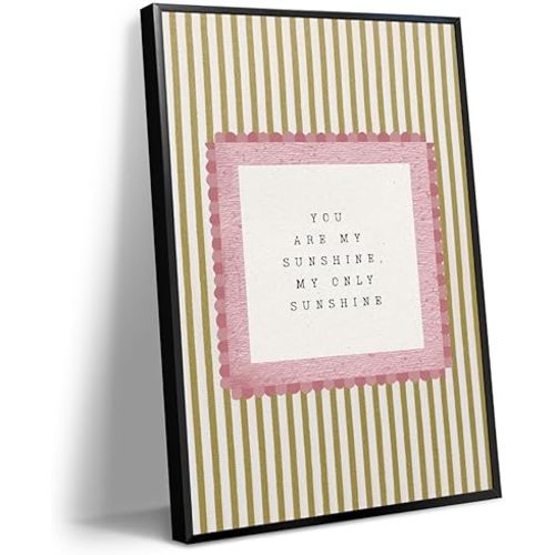 You Are My Sunshine Pink Canvas Wall Art, Baby Nursery Warming Quotes Poster, Vintage Neutral Yellow Striped Girls Room Wall Decor, Boho Watercolor Kids Bedroom Picture 12x16in Framed