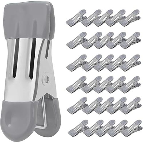 Clothes Pins Heavy Duty 30 Pack - 2.17 Inch Metal Chip Clips, Clothespins for Photo Drying Clothesline Laundry Sock, Bag Clips for Food Kitchen Stainless Steel with Rubber, Gray