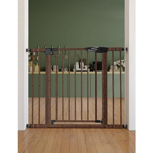 Mom's Choice Award Winner-BABELIO 26-40" Metal Baby Gate with Black Wood Pattern, PressGuard C5 Easy Install Pressure Mounted Dog Gate for Stairs and Doorways, with Wall Protectors and Extension Kits