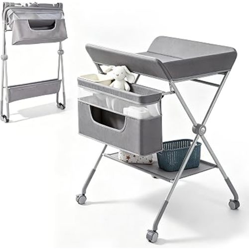 Baby Changing Table with Wheels, Portable Adjustable Height Folding Diaper Station with Nursery Organizer & Storage Rack for Newborn Baby and Infant