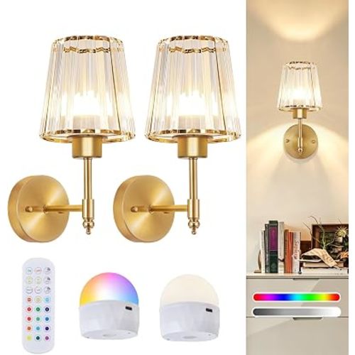 Battery Operated Wall Sconce Set of 2, Rechargeable Wireless Wall Lights with 5200mAh Dimmable Bulbs and Remote,15 Colors Wireless Wall Lamps for Bedroom Living Room Hallway Decor-Clear Gold