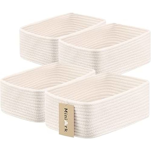 Small Storage Baskets for Organizing | Closet Organizer Bins | Shelf Toy Basket | Woven Rope Baskets | Cube Decorative Box | Shallow Basket | 11.5x7.5x4.7” | 4 Packs Off White