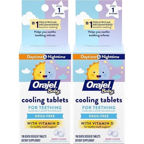 Orajel Baby Cooling Tablets for Teething with Vitamin D, 100 Quick Dissolve Tablets,White, (Pack of 2)