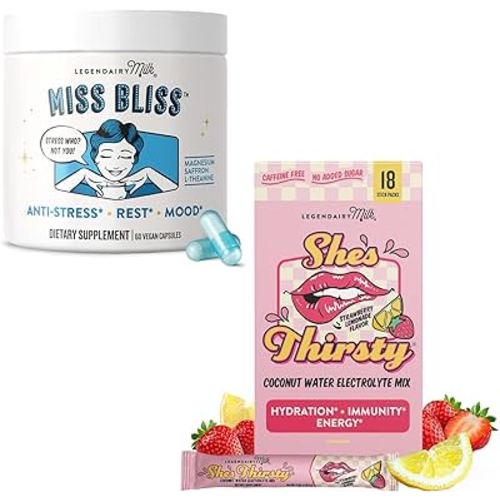 Legendairy Milk She’s Thirsty Hydration Packets, Strawberry Lemonade, 18 Count + Miss Bliss Daily Stress Support Supplement with Saffron, L-Theanine & Magnesium, 60 Capsules
