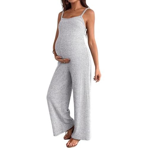 BLENCOT Maternity Ribbed Jumpsuit Stretchy One Piece Wide Leg Romper | Women's Sleeveless Square Neck Adjustable Strap High Waist Casual Lounge Sets Pregnancy Clothes Fashion 2026