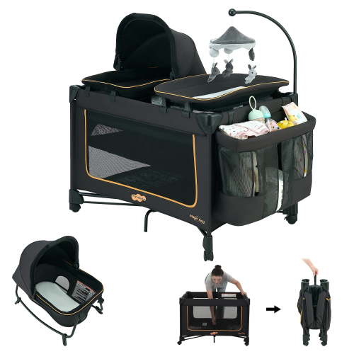 Pamo Babe Baby Playard, Magic Fold Bassinet and Changing Table, 4 Panels, Black