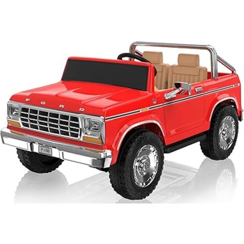 ANPABO Licensed Ford F-150 24V 2 Seater Ride on Car for Kids, 4x100W Motors Electric Car for Boys & Girls with Remote Control, Retro Style, 3-Speeds, Large Storage Box, Music Player, Aged 3-8 (Red)