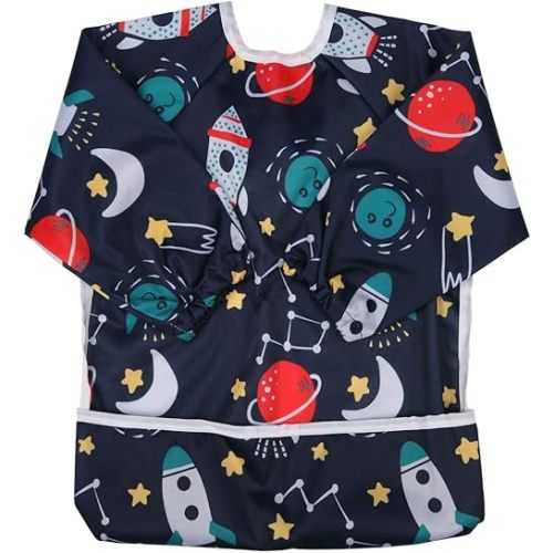 Baby Bib Sleeved Shirt With Pocket 1-3 years old Toddler Painting Drawing (Rocket)