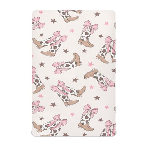 Mazeann Bows Cowgirl Boots Western Crib Sheets Soft Breathable Fitted Baby Crib Sheets Mattress Cover for Girl Boys, 52" x 28" x 9"