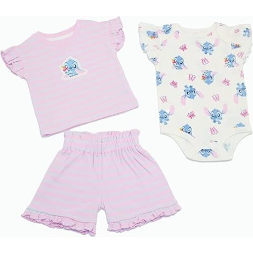 Magic Threadz Disney Clothes Baby Girls 3-Piece Short Set – Marie, Pooh, Minnie, Stitch & Bambi Newborn Outfit Set (0M–24M)