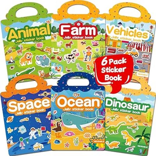 6 Sets Reusable Sticker Book for Toddlers 3-6, Jelly Stickers Book for Kids, Travel Sticker Activity Toys for Childs 3 4 5 6 Years Girls & Boys Best Gifts