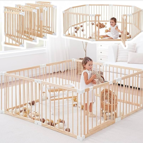 Wooden Playpen & Play Yards for Babies and Toddlers, 57 * 57inch Foldable Wood Baby Play Fence with Locking Gate, Kids Activity Area Center Indoor Outdoor, Pinewood