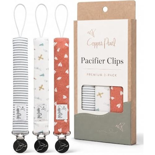 Copper Pearl 3-Pack Pacifier Holders: Premium Knit Binky Clips for Baby Girls and Boys - Stylish Stainless Steel Design for Secure No-Drop Attachment - Ace