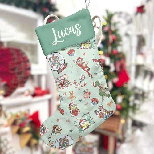 Custom Toy Story Characters Snow Globe Christmas Stocking, Woody And Buzz Holiday Stocking, Pixar Toy Story Decor, Disney Fireplace Decor