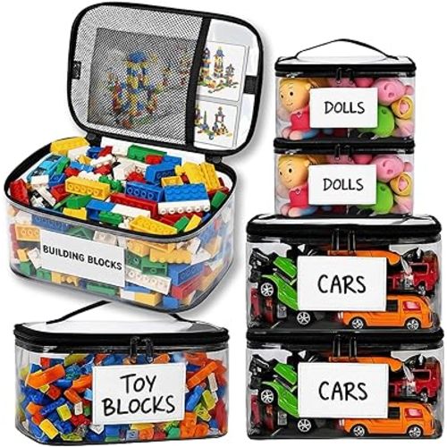 6 Pack Extra Large Clear Toy Storage Bags with Tag & Pocket – Versatile Waterproof Organizer Bags for Lego Bricks, Board Games, Building Blocks, Puzzles, Dolls, Books (Mixed Sizes-Black-6 Pack)