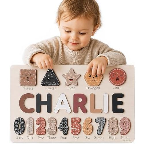 Wooden Name Puzzle Personalized with Numbers & Shapes for Kids 1-3 | 11 Color Themes | Handmade Montessori Toy, Keepsake Decor & Ideal 1st Birthday Gift