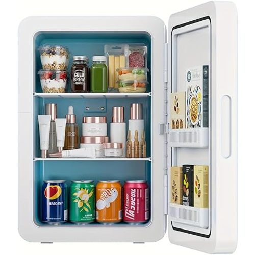 Kikihouse 22L/30Cans Mini Fridge for Bedroom, 12v DC Portable Cooler & Warmer, Mini Refrigerator with Glass Front, for Car Office Desk & Dorm Room Food Beverage Skincare Makeup