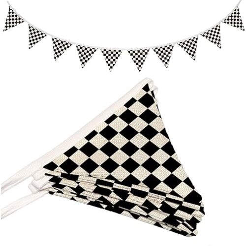 Boys Room Checkered Flag Banner, Cars Room Decor for Toddler Nursery Playroom, Black and White Checkered Garland Triangle Banners, Racing Flags 5.5Ft Bunting Flags Fabric for Baby Shower Birthday Party