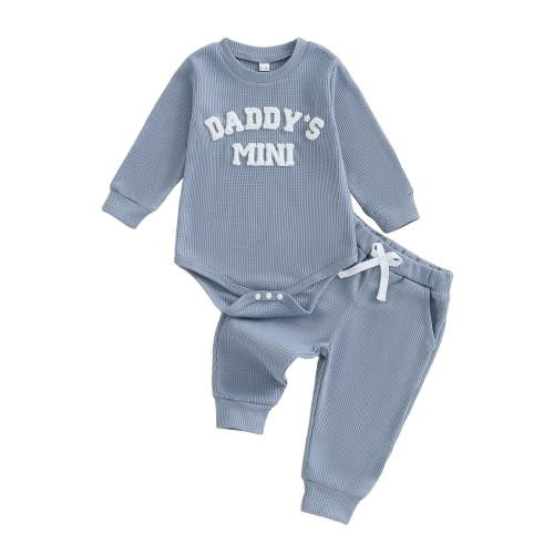 Ulanda Daddys Mini Baby Boy Outfits Newborn Long Sleeve Romper Onesie Pants Set 0 3 6 12 Months Fall Winter Waffle Clothes (Blue, 3-6 Months)