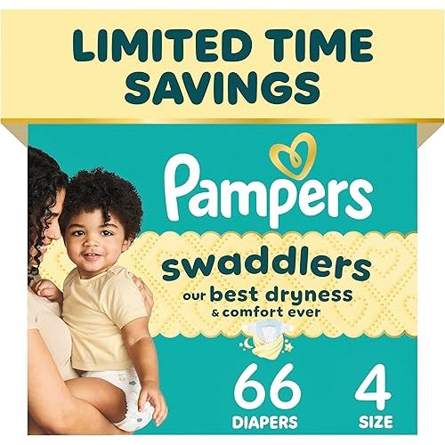 Pampers Swaddlers Diapers, Size 4 (15-34 lbs), 66 Count, Absorbent, Keeps Baby Dry and Comfortable, Skin Safe Disposable Baby Diaper (Packaging May Vary)
