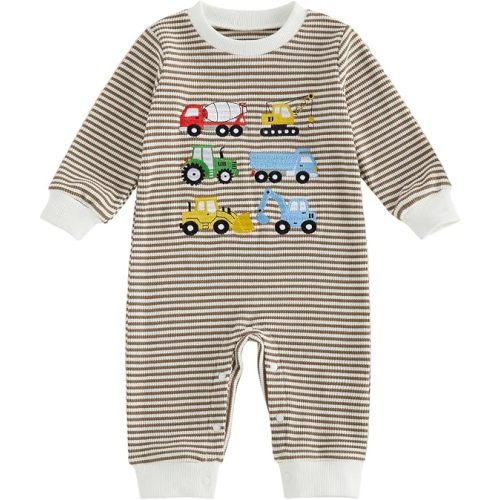 FOCUSNORM Baby Boy Fall Clothes Newborn Winter Outfit Truck Embroidered Jumpsuit Waffle Striped Long Sleeve Romper Onesie