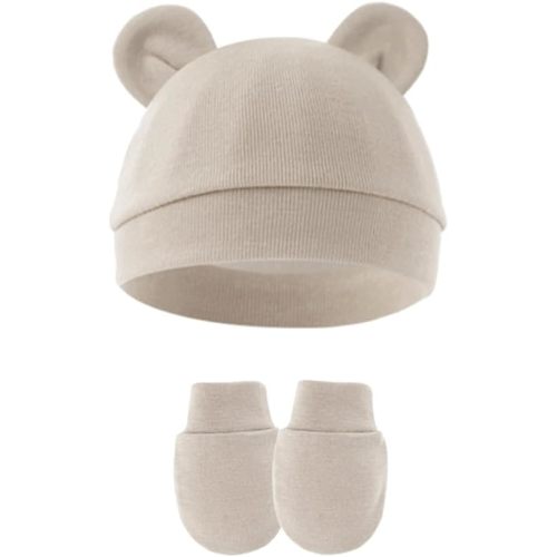 ZURLEFY Baby Mittens and Hat Set, Beige Newborn Hats for Boys, No Scratch Mittens and Beanie Cap for Toddler Infant Newborn Hospital Hat(54-02)