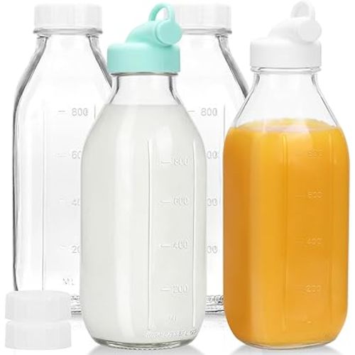 CUCUMI Moretoes 32 Oz Glass Milk Bottle with Reusable Strong Airtight Screw Lid, Reusable Glass Juice Bottles, Water Jug Breast Milk Pitcher, Buttermilk, Nut, Juice, Syrup, Coffee Creamer (4 Pack)