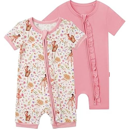 2-Pack Bamboo Viscose Baby Girls Short Sleeve Zipper Romper