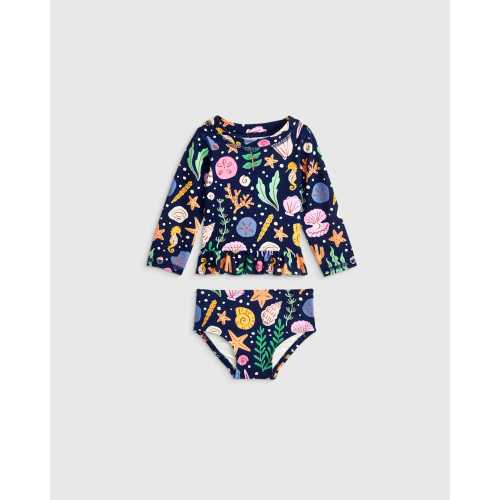 Long Sleeve Ruffle Rash Guard Two-Piece Swimsuit - Baby Girl in Navy Seashells