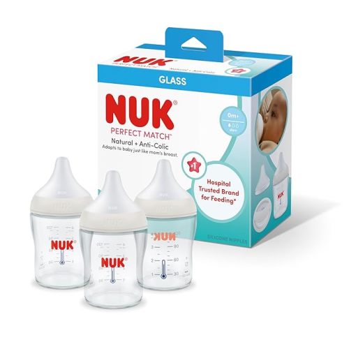 NUK Perfect Match Glass Natural + Anti-Colic Bottle, 4 oz. Glass Baby Bottles with SafeTemp Temperature Indicator, Newborn Essentials, 3-Pack