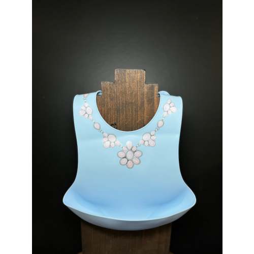 Pink Cluster Necklace on Blue Bib