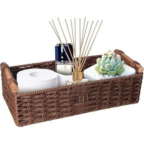Round Paper Rope Storage Basket Wicker for Organizing with Handle, Decorative Bins Countertop Toilet Paper for Tank Top Small Set, Brown