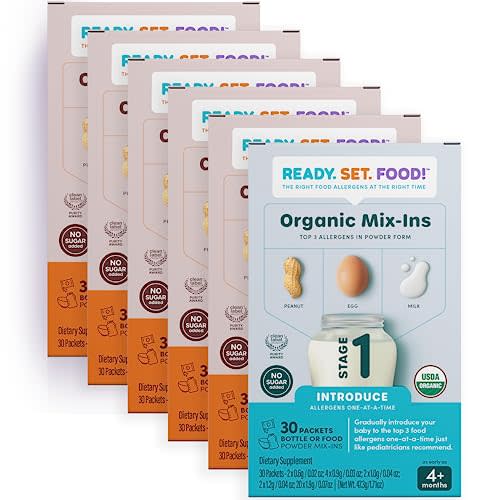 Ready, Set, Food! | Early Allergen Introduction Mix-ins for Babies 4+ Mo | Stage 1+2-180 Days | Top 3 Allergens - Organic Peanut Egg Milk | Safe Easy Effective | for Bottle or Food | ReadySetFood